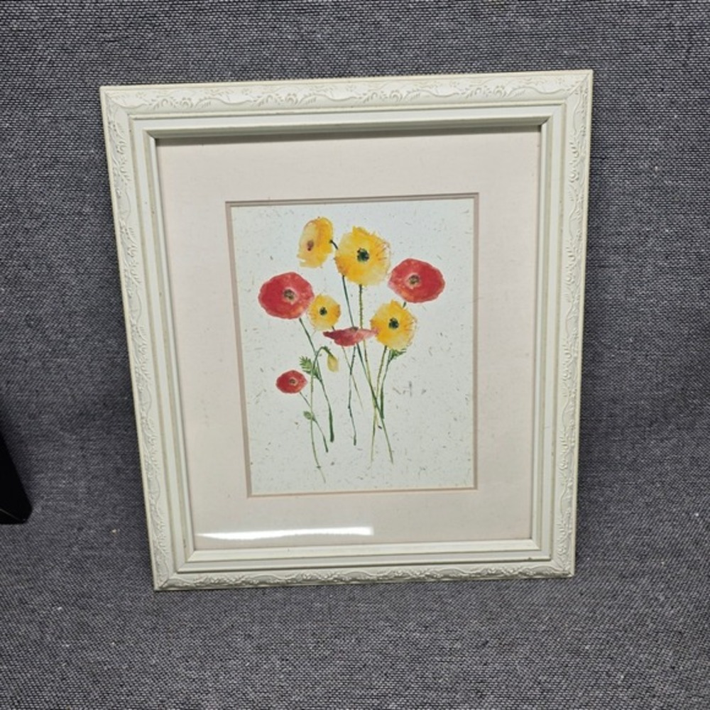 Famed Watercolor Poppy Floral Art – Shabby Chic Ornate White Frame – 15" x 18"